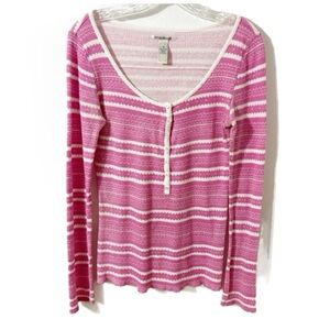 Lucky Brand Pink / White Striped Waffle Knit Long Sleeve Scoop Neck Pullover Top